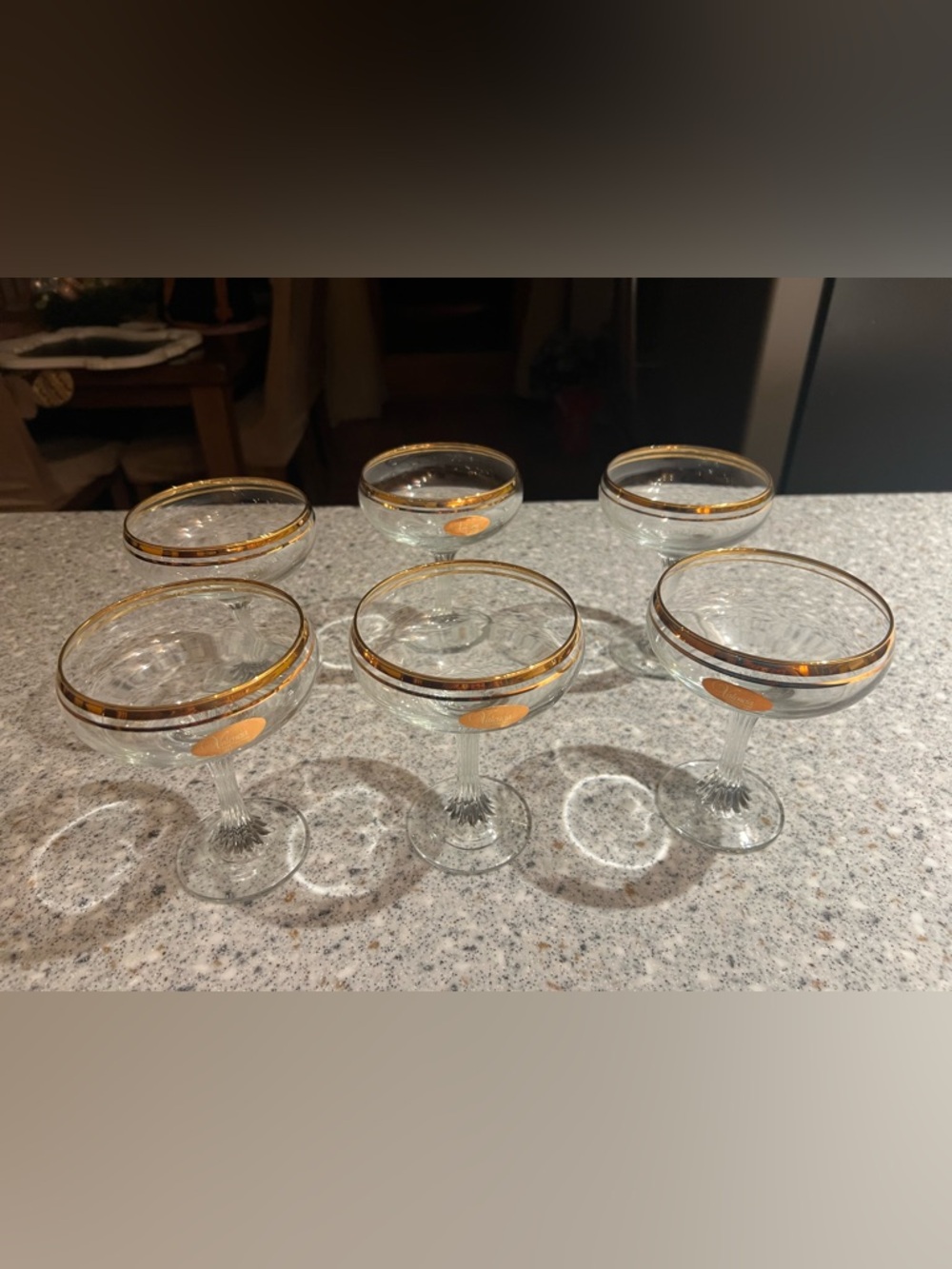 Set of 6 Vintage Valencia Champagne Coupe Glasses with 24kt Gold Rim